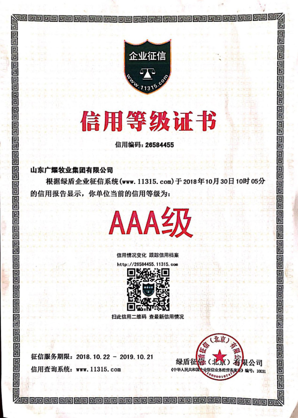 AAA信用等级证书